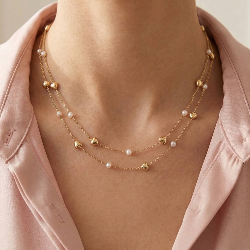 Metallic Heart And Pearl Station Chain Necklace