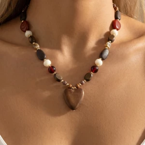Wood Bead Heart Pendant Necklace