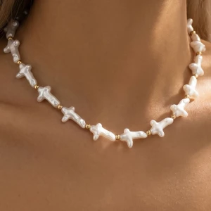 Pearl Cross Beaded Station Necklace