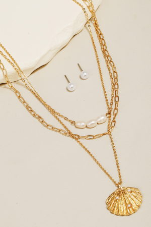 Pearl And Seashell Pendant Layered Necklace Set