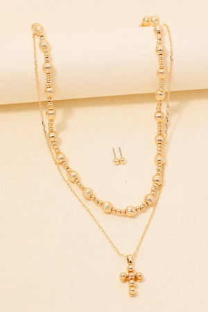 Metallic Beaded Cross Layered Necklace Set
