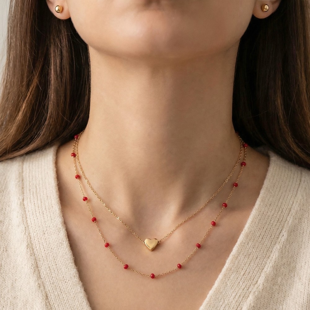 Glass Station Beaded Heart Pendant Layered Necklace Set