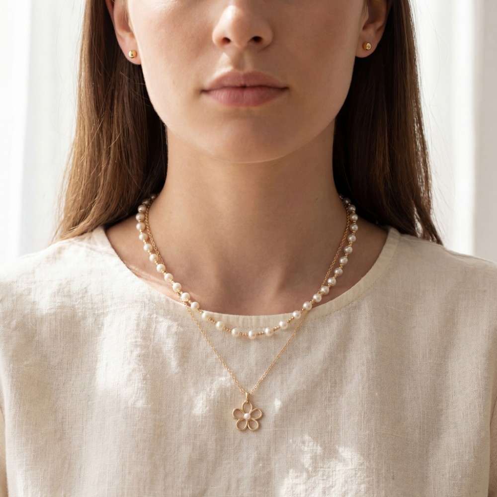 Layered Pearl Bead Chain Flower Pendant Necklace Set