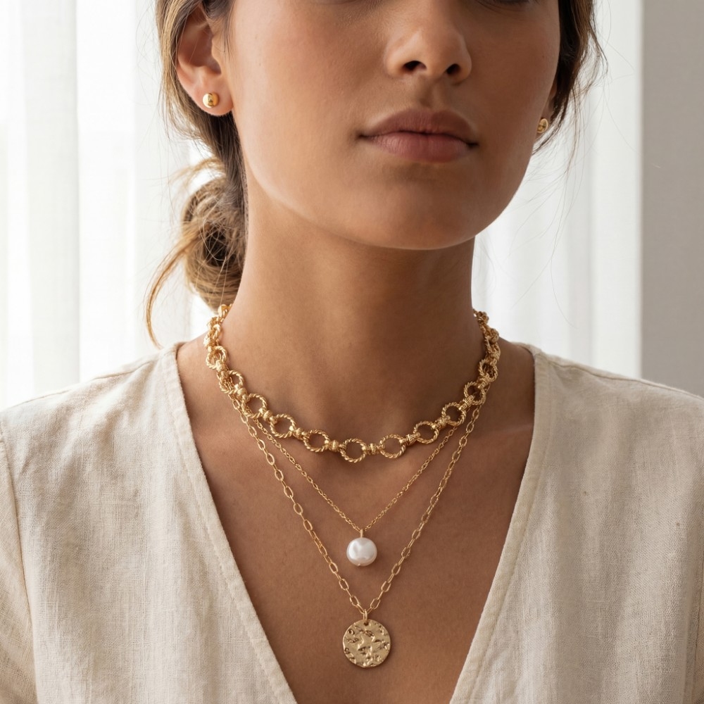 Triple Layered Chain Pearl And Coin Pendant Necklace Set