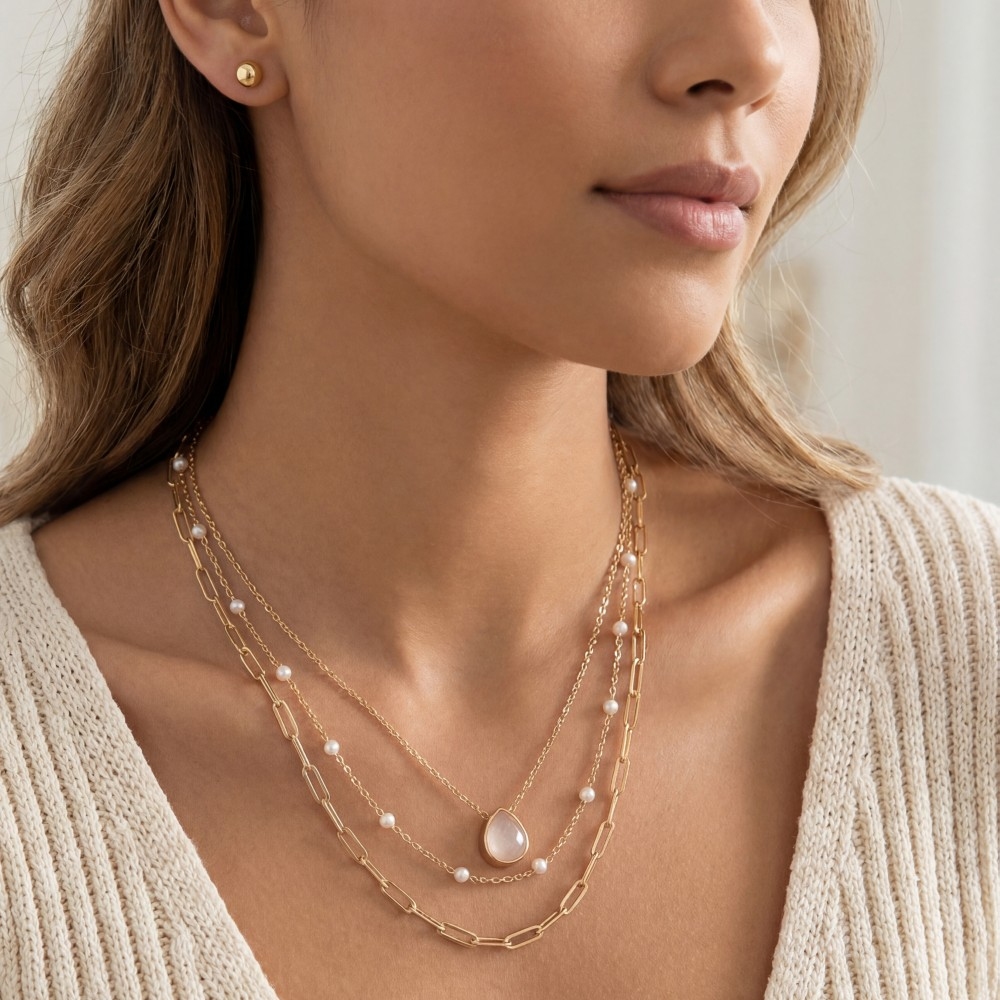 Triple Layered Pearl And Paperclip Chain Necklace Set