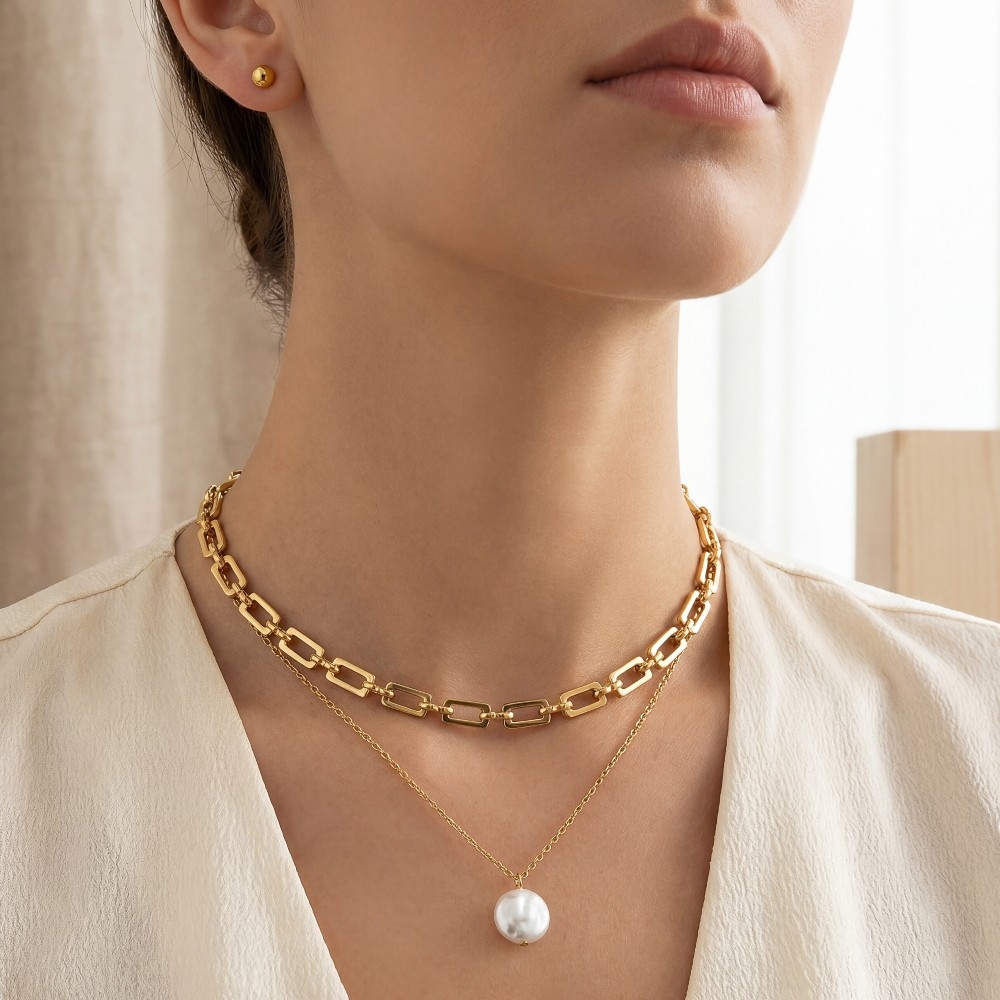 Pearl Disc Pendant Layered Chain Necklace Set