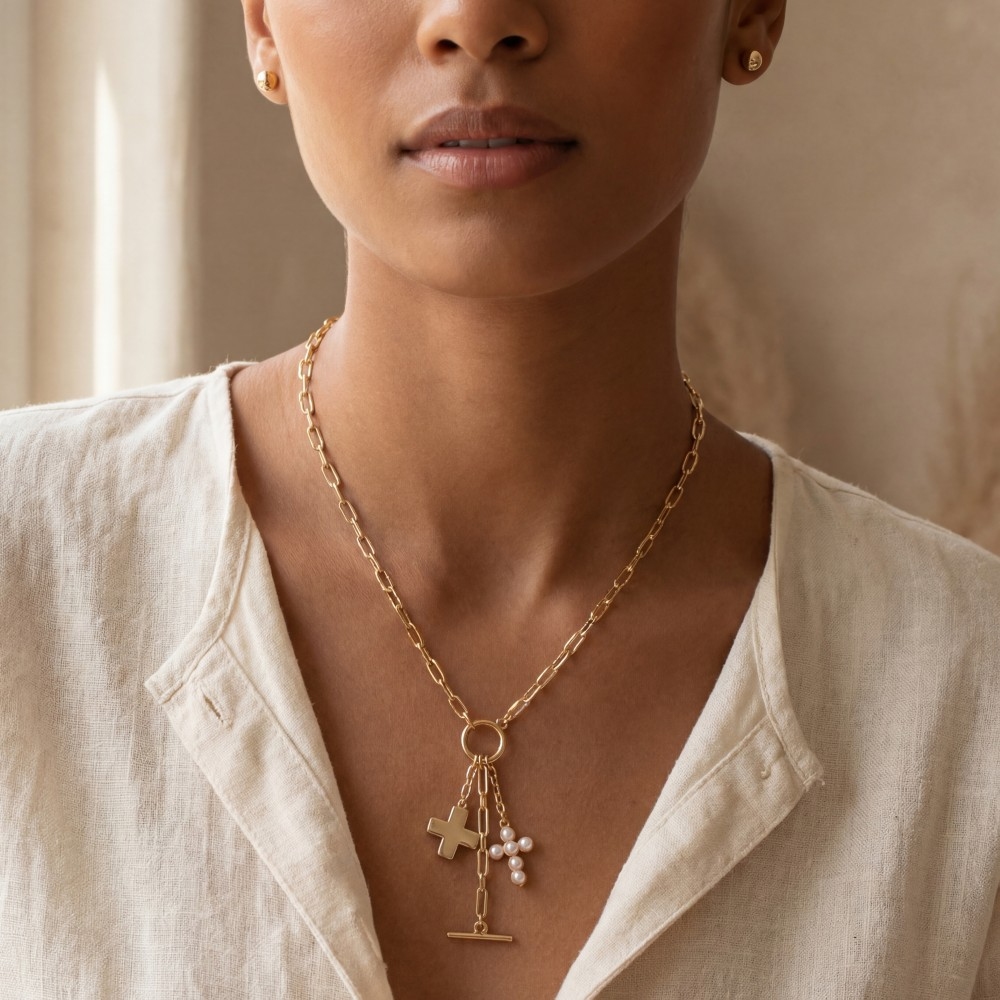 Paperclip Chain Cross And Pearl Cluster Charm Necklace