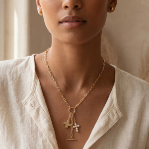 Paperclip Chain Cross And Pearl Cluster Charm Necklace