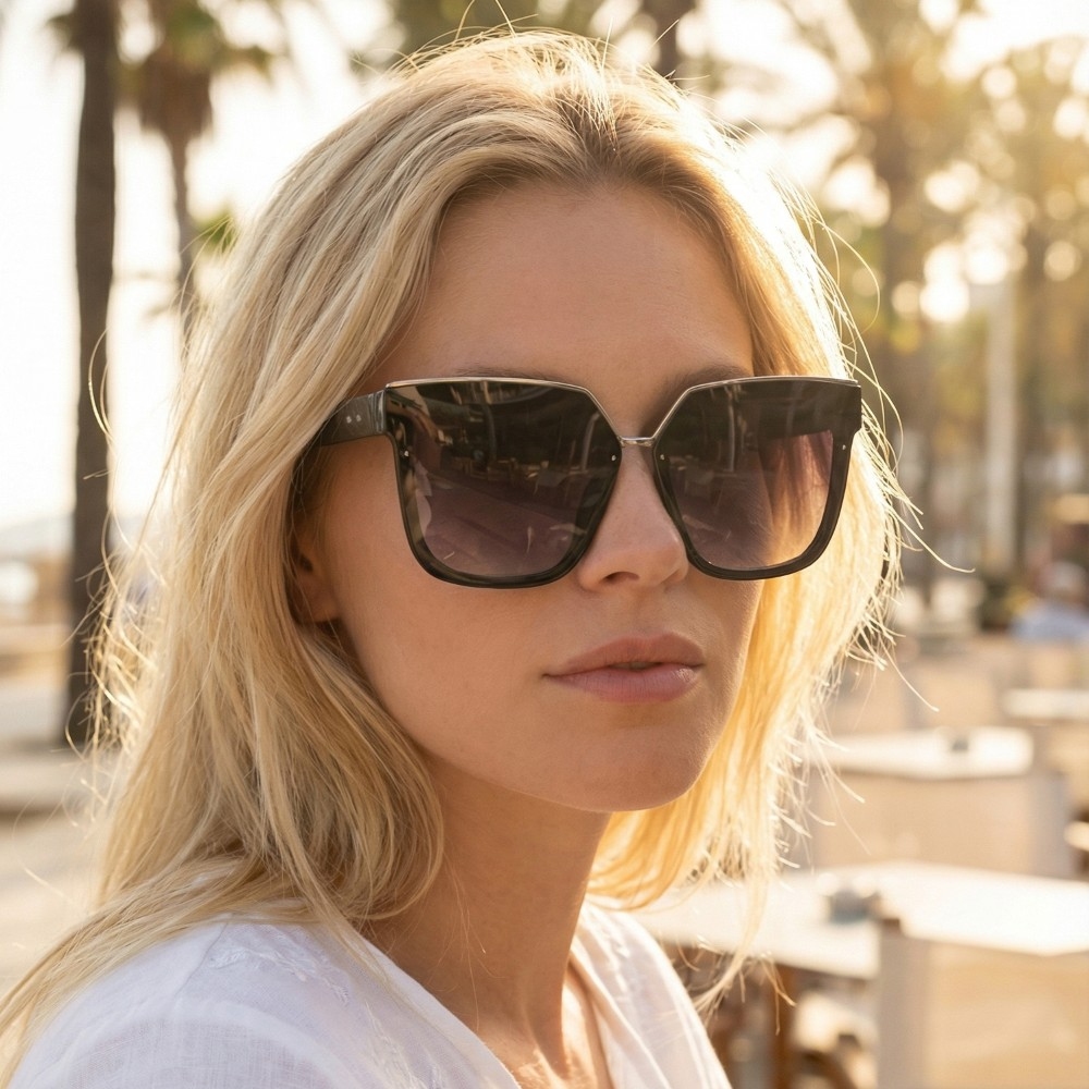 Oversized Square Sunglasses With Transparent Frame & Double Bridge