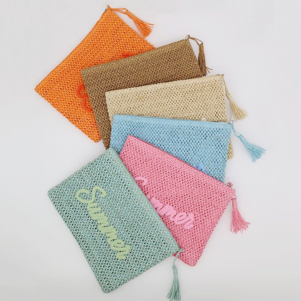 Straw Braided Summer Print Pouch...