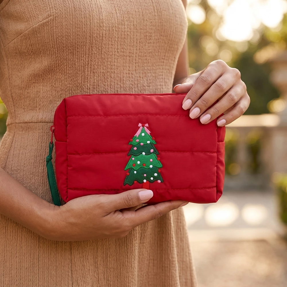 Christmas Tree Applique Puffer Zip Pouch