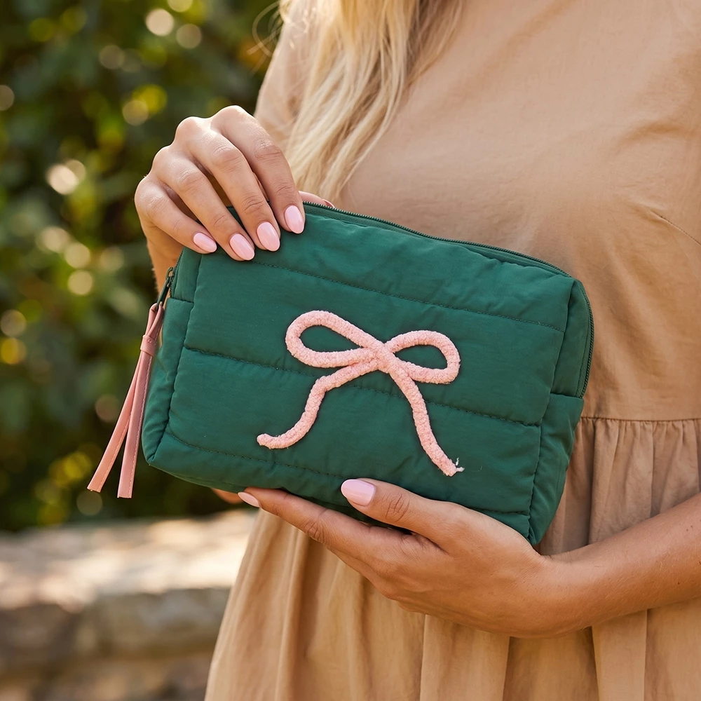 Rope Bow Accent Puffer Zip Pouch