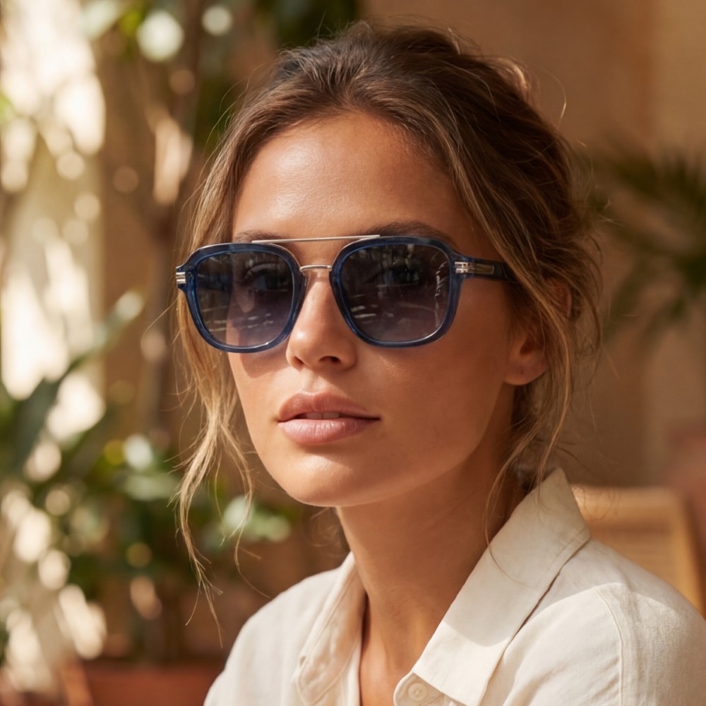 Square Double Bridge Round Metal Accent Sunglasses