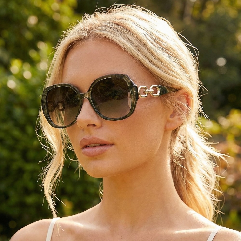 Oversized Round Chain-Link Temple Sunglasses