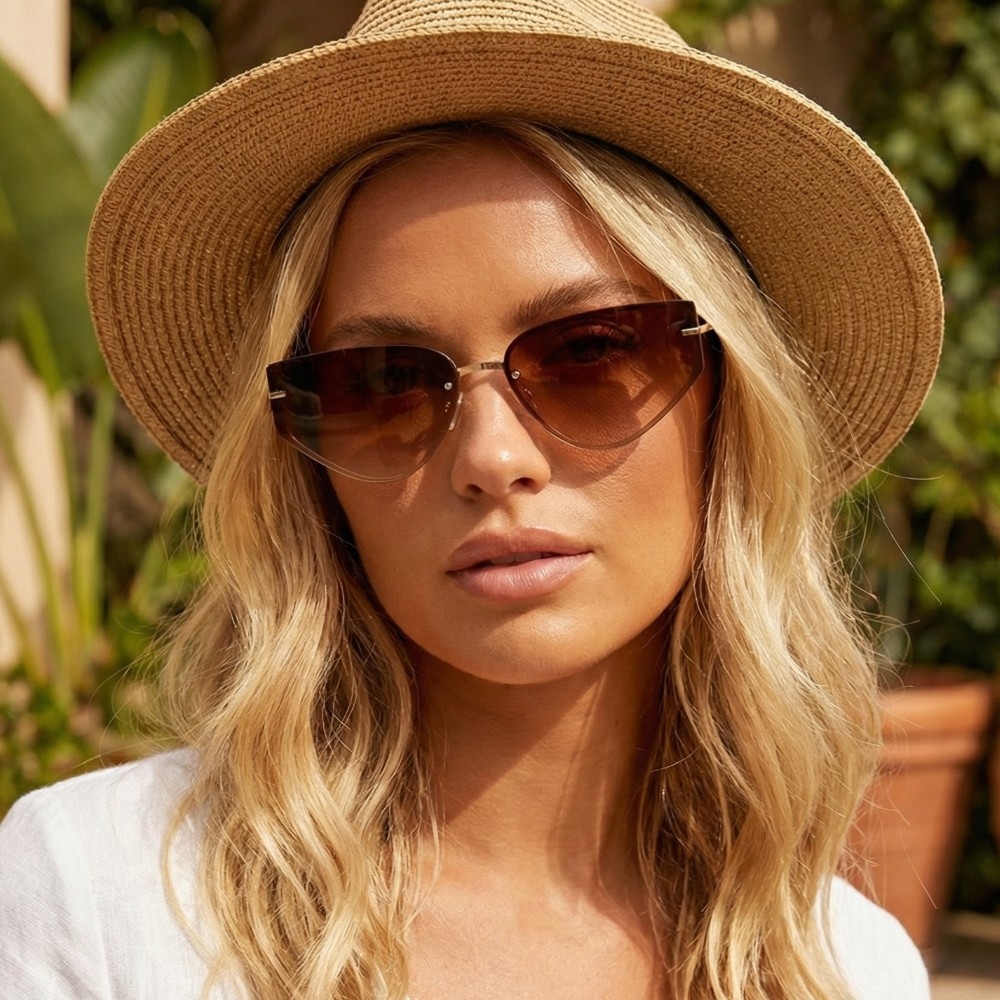 Semi-Rimless Cat Eye Sunglasses With Metal Double Bridge