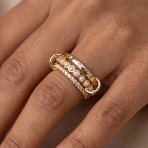 Linked Triple Band Ring With Pearl And Cz