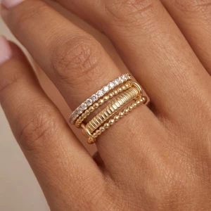 Cz Eternity Beaded Ribbed Stackable Ring Set