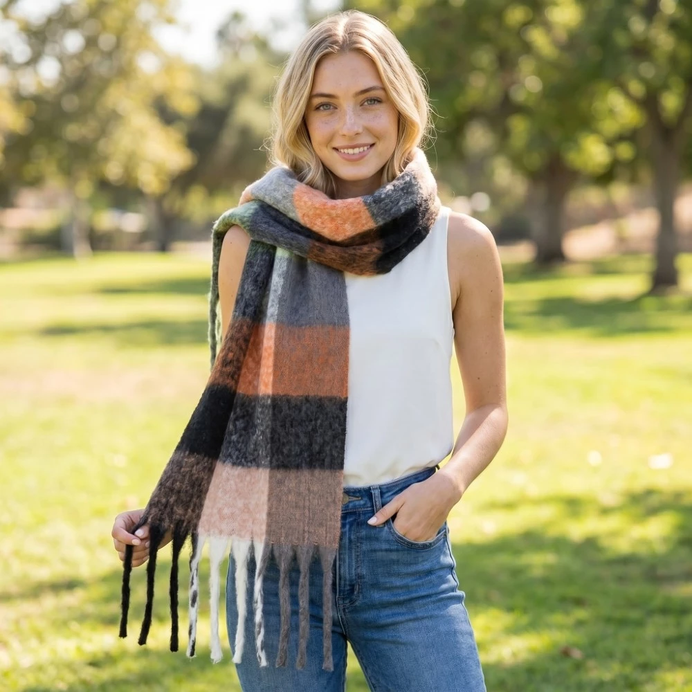 Multi Color Plaid Oblong Fringe Scarf
