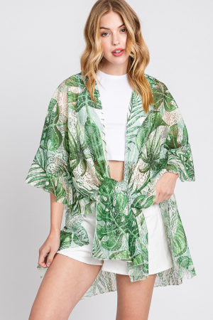 Ruffle Lined Tropical Leaves Print Kimono
