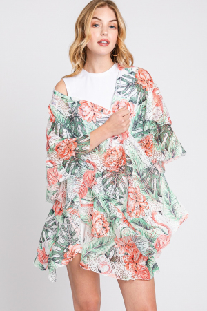 Ruffle Lined Tropical Flamingo Kimono
