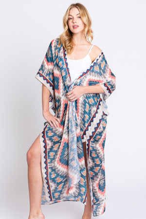 Aztec Print Open Front Long Kimono