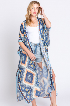 Aztec Print Open Front Long Kimono