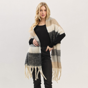 Multi Color Striped Brushed Fringe Blanket Scarf