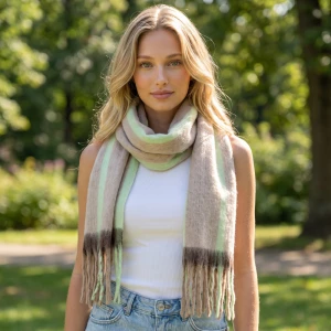 Brushed Border Stripe Fringe Scarf