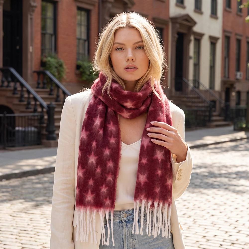 Brushed Star Print Fringe Winter Scarf
