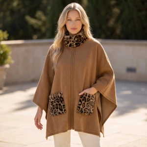 Leopard Fur Collar Zip Front Cape Poncho