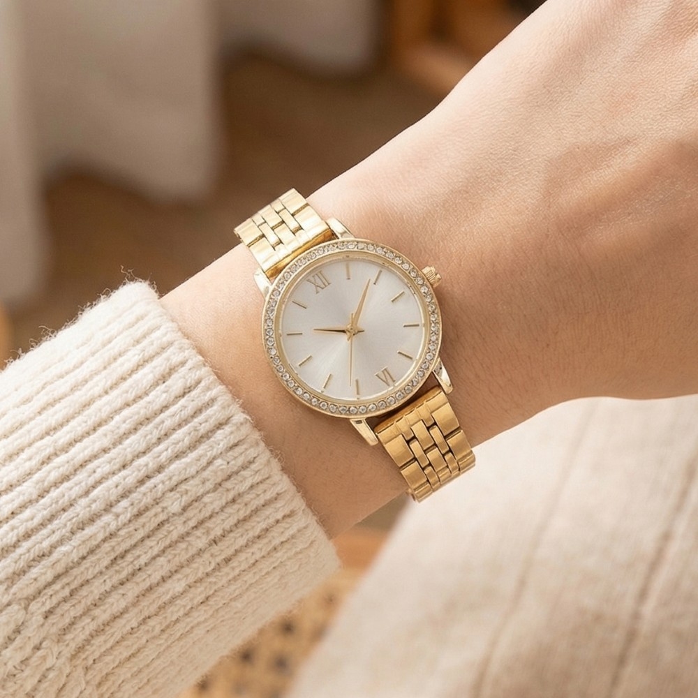 Cz Pave Trim Round Face Watch