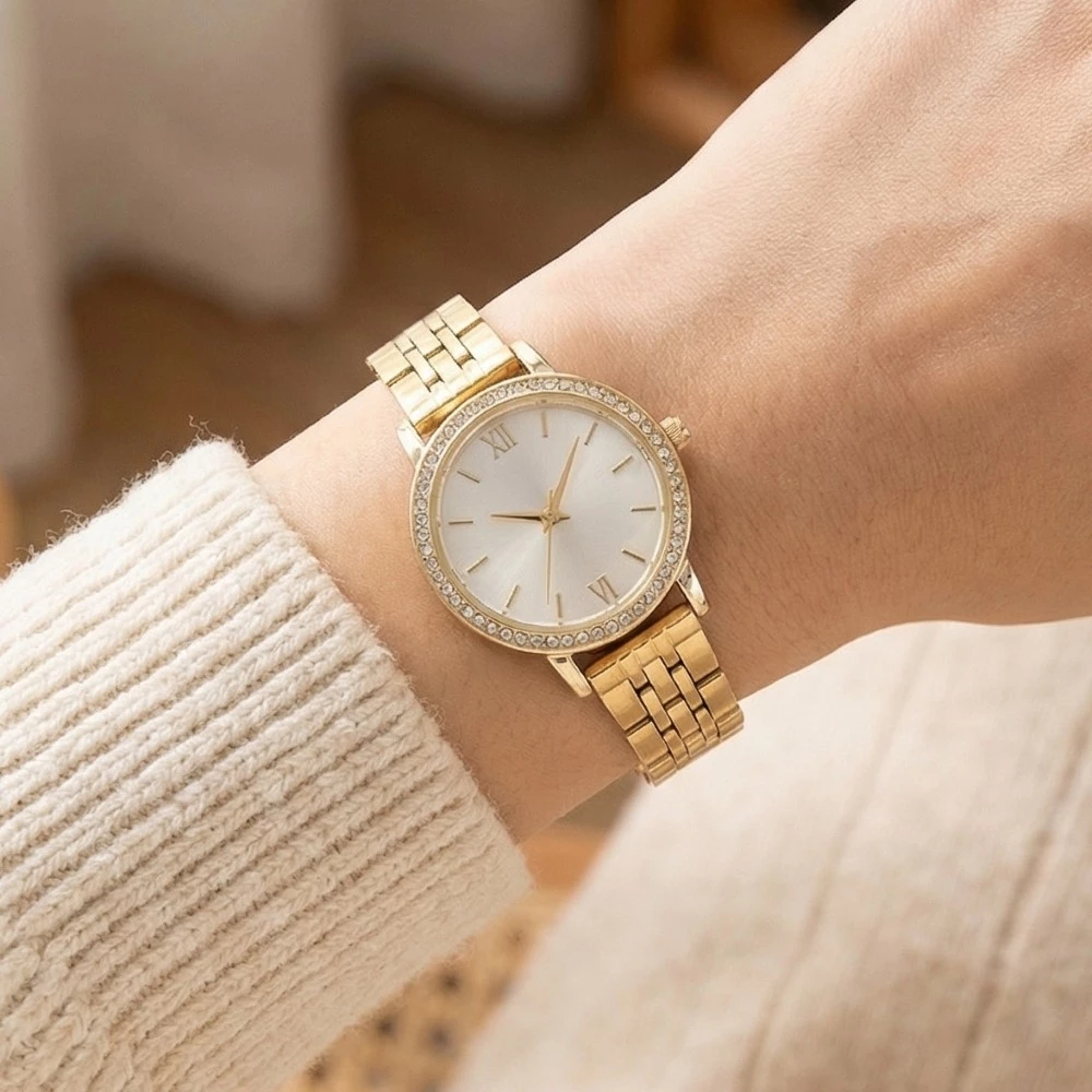 Cz Pave Trim Round Face Watch