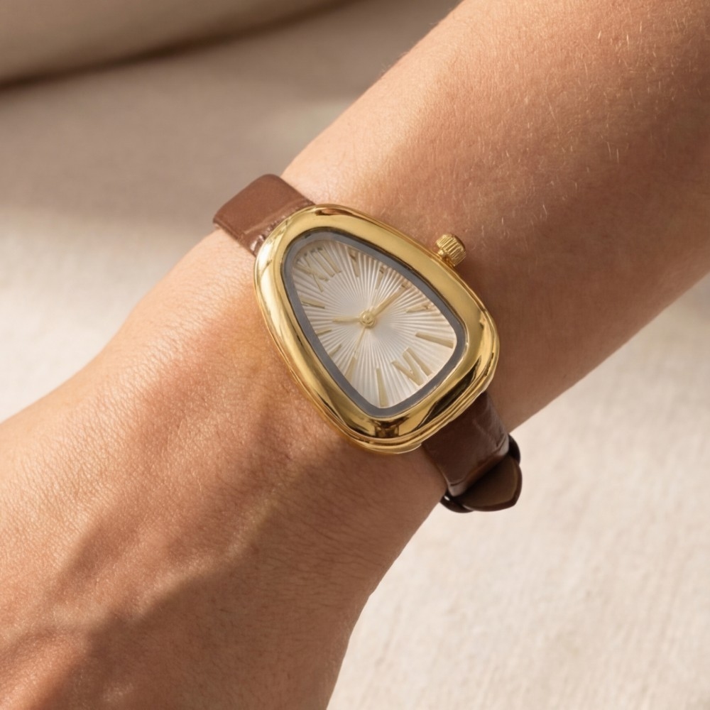 Oval Dome Case Croc Embossed Leather Strap Watch