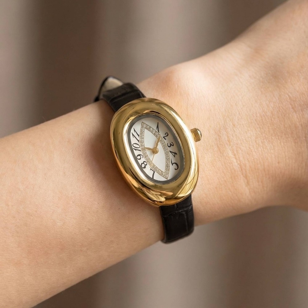 Croc Leather Strap Polished Statement Oval Watch