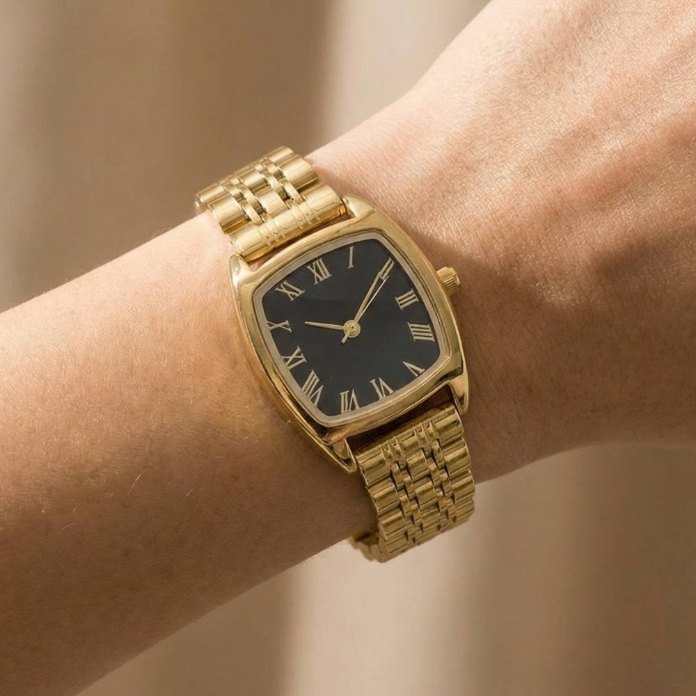 Polished Metallic Band Bold Cushion Square Watch