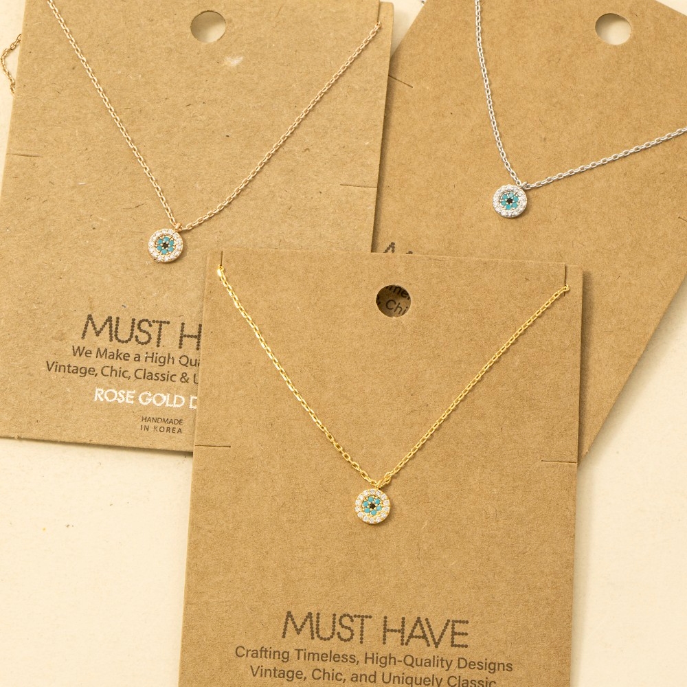 Gold Dipped Cz Trim Evil Eye Coin Necklace