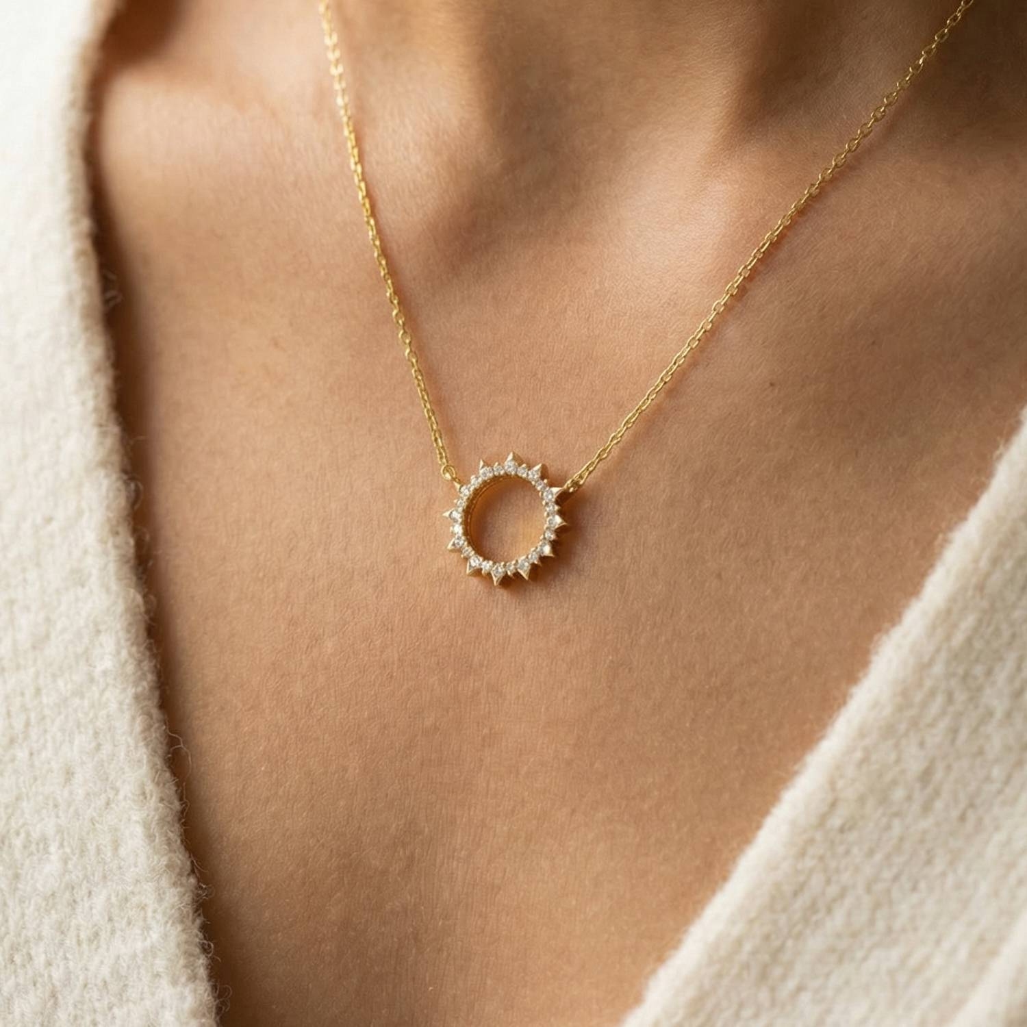 Gold Dipped Pave Circle Sun Pendant Necklace