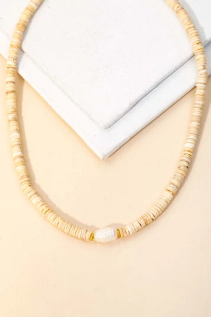 Beaded Disc Pearl Charm Necklace