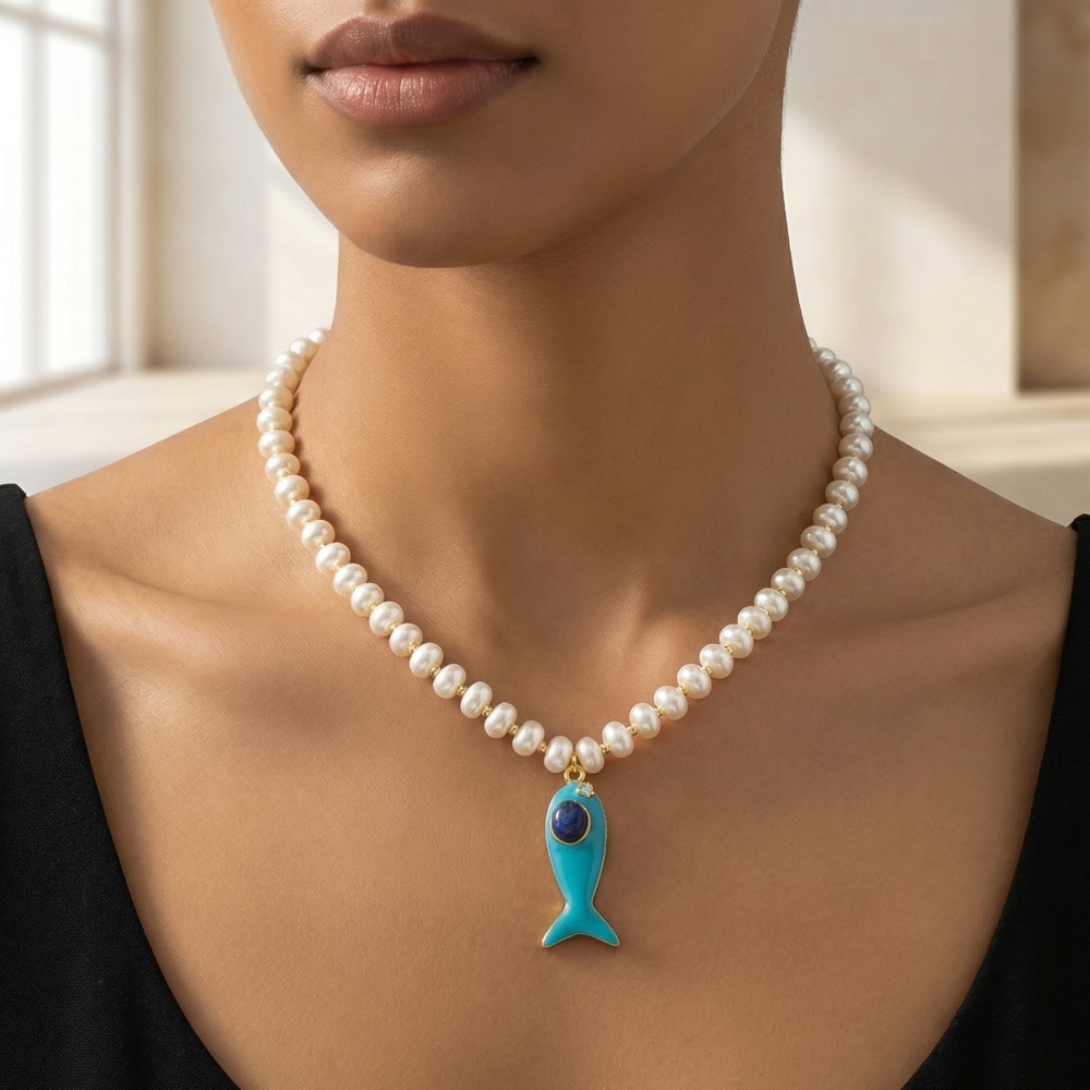 Enamel Fish Pendant Pearl Beaded Necklace
