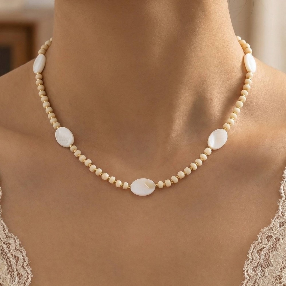 Flat Oval Pearl Beads Station Beaded Necklace
