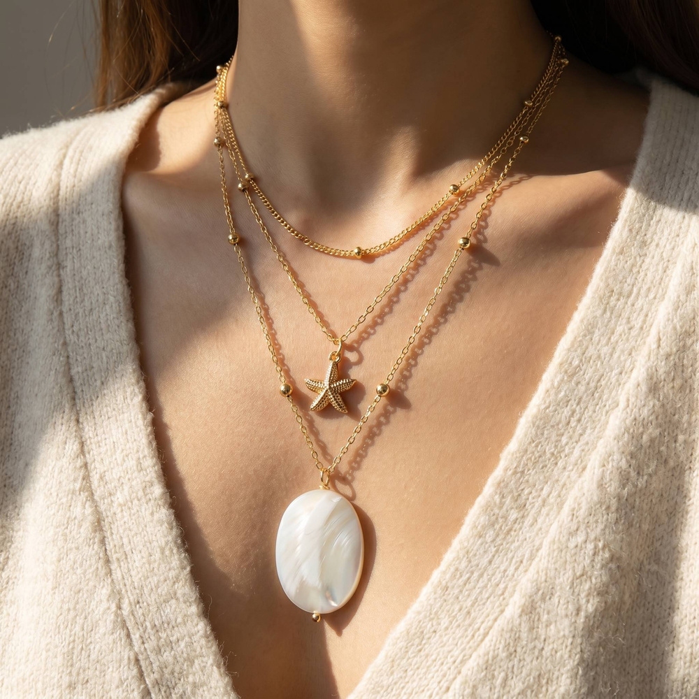 Triple Layer Starfish And Mop Pendant Necklace