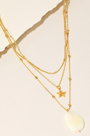 Oval Shell Pendant Layered Chain Necklace