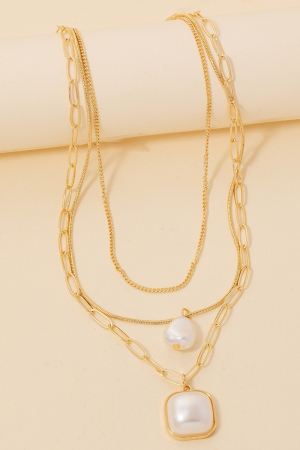 Double Pearl Pendant Layered Chains Necklace
