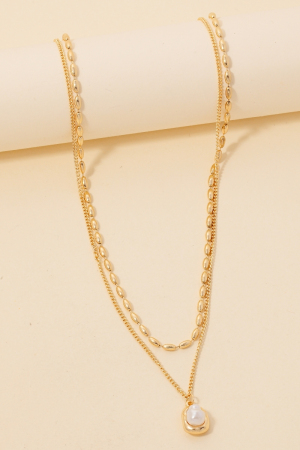 Pearl And Metallic Pendant Layered Chains Necklace