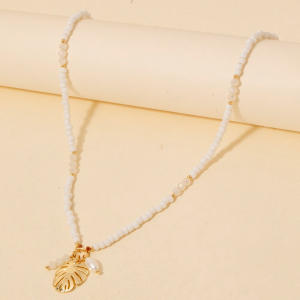 Monstera Leaf Pendant Mixed Beaded Necklace
