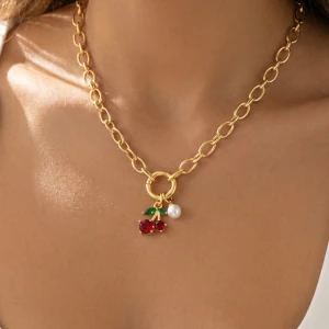 Cherry Leaf And Pearl Drop Pendant Necklace