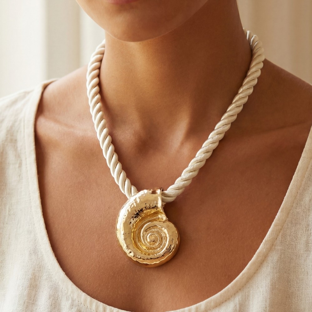 Large Spiral Shell Pendant Rope Necklace