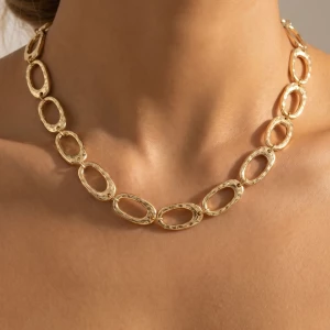 Hammered Oval Link Station Chain Necklace
