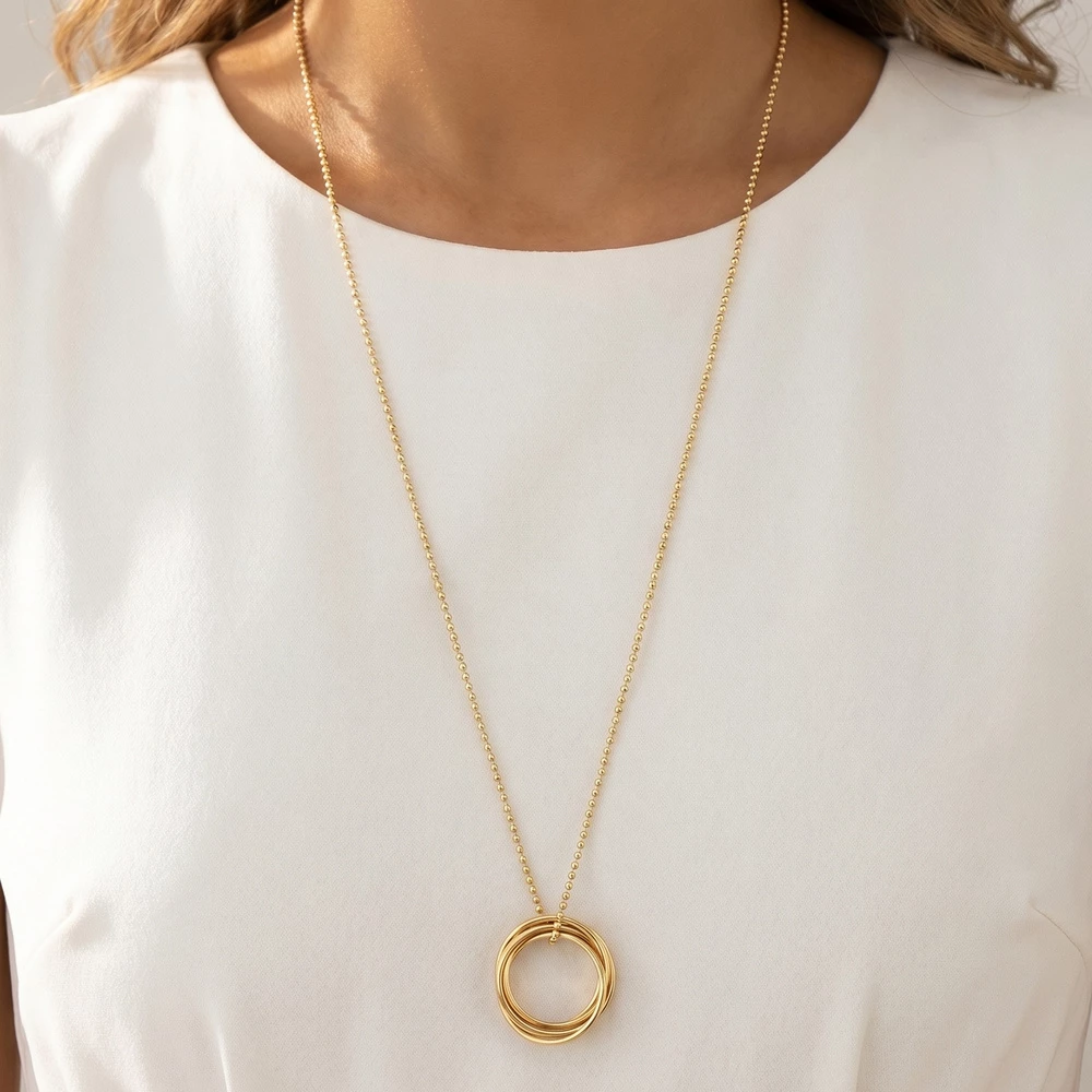Ball Chain Triple Interlocked Ring Pendant Necklace