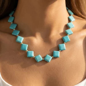 Square Stone Slab Bead Strand Necklace